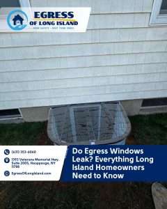 Window well with a wire mesh cover beside a house with beige shingle siding, under a banner that reads Do Egress Windows Leak? Everything Long Island Homeowners Need to Know