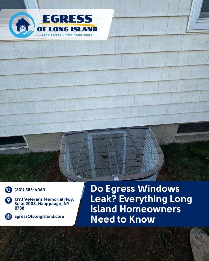 Window well with a wire mesh cover beside a house with beige shingle siding, under a banner that reads Do Egress Windows Leak? Everything Long Island Homeowners Need to Know