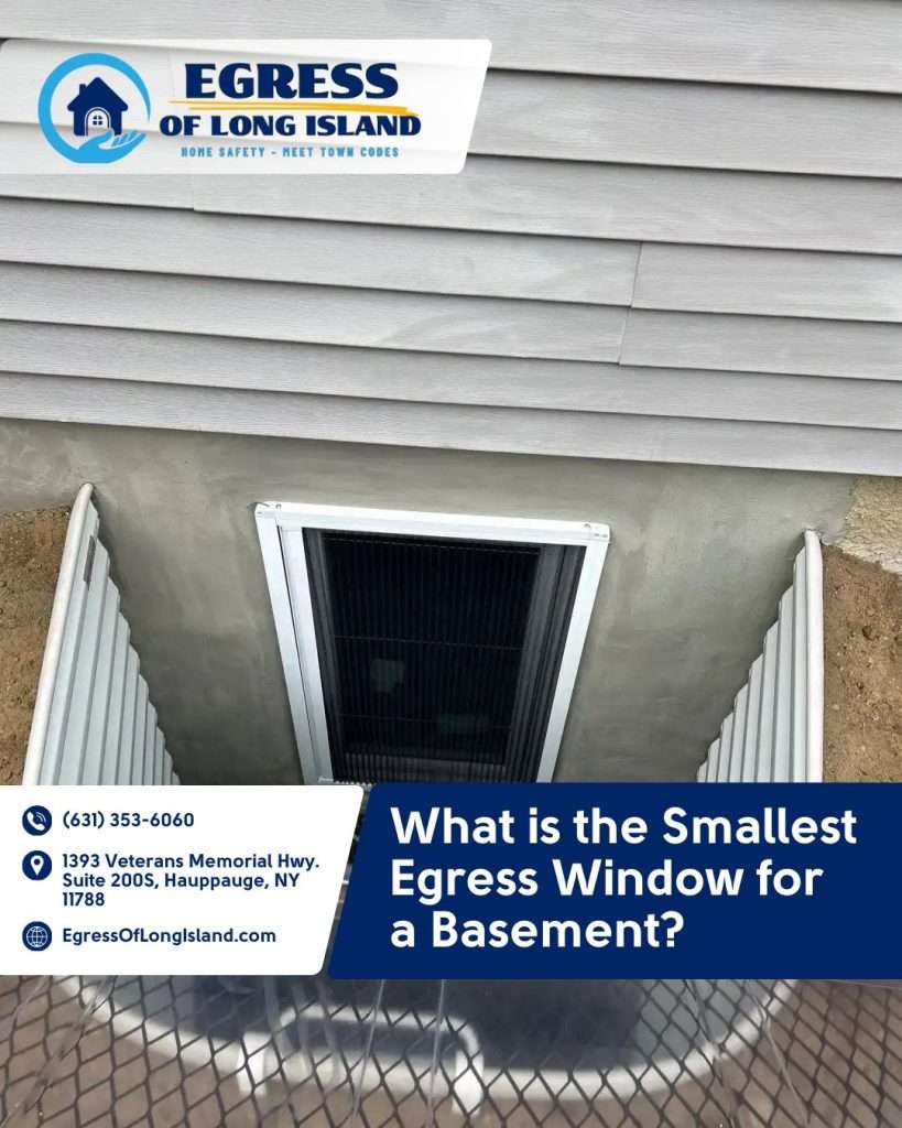 Basement window with a white frame set in a stucco foundation wall at the back of a window well with white ribbed sides, under a banner that reads What is the Smallest Egress Window for a Basement?